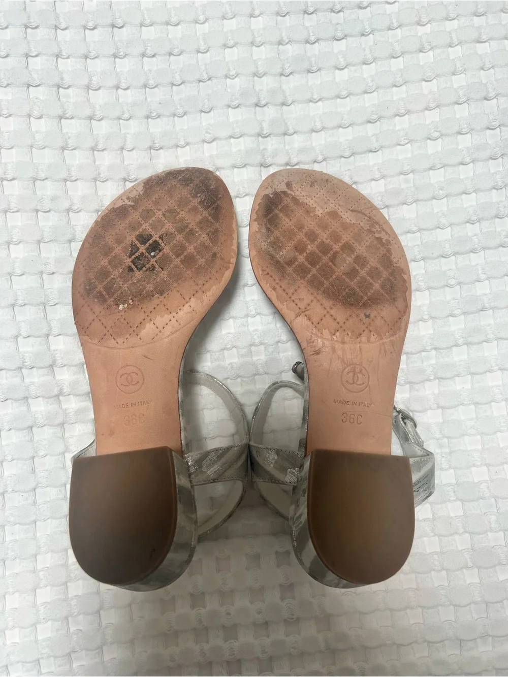 CHANEL White Silver Jeweled CC Logo Heeled Thong Sandals